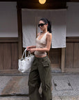 ROVENTE Khaki Halter Tie Ribbed Tank Top