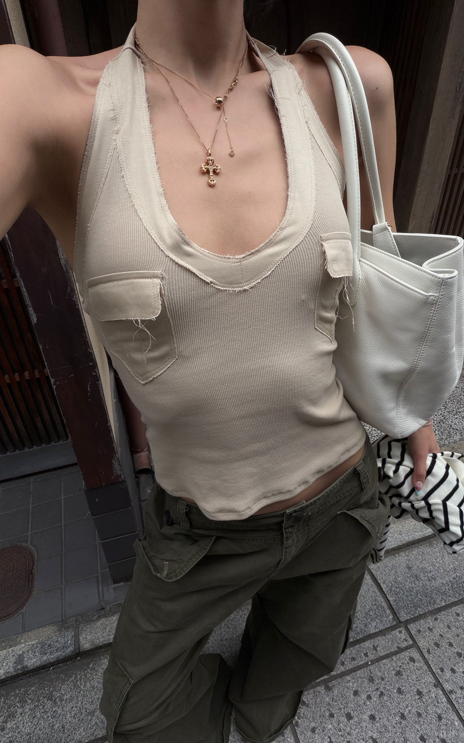 ROVENTE Khaki Halter Tie Ribbed Tank Top