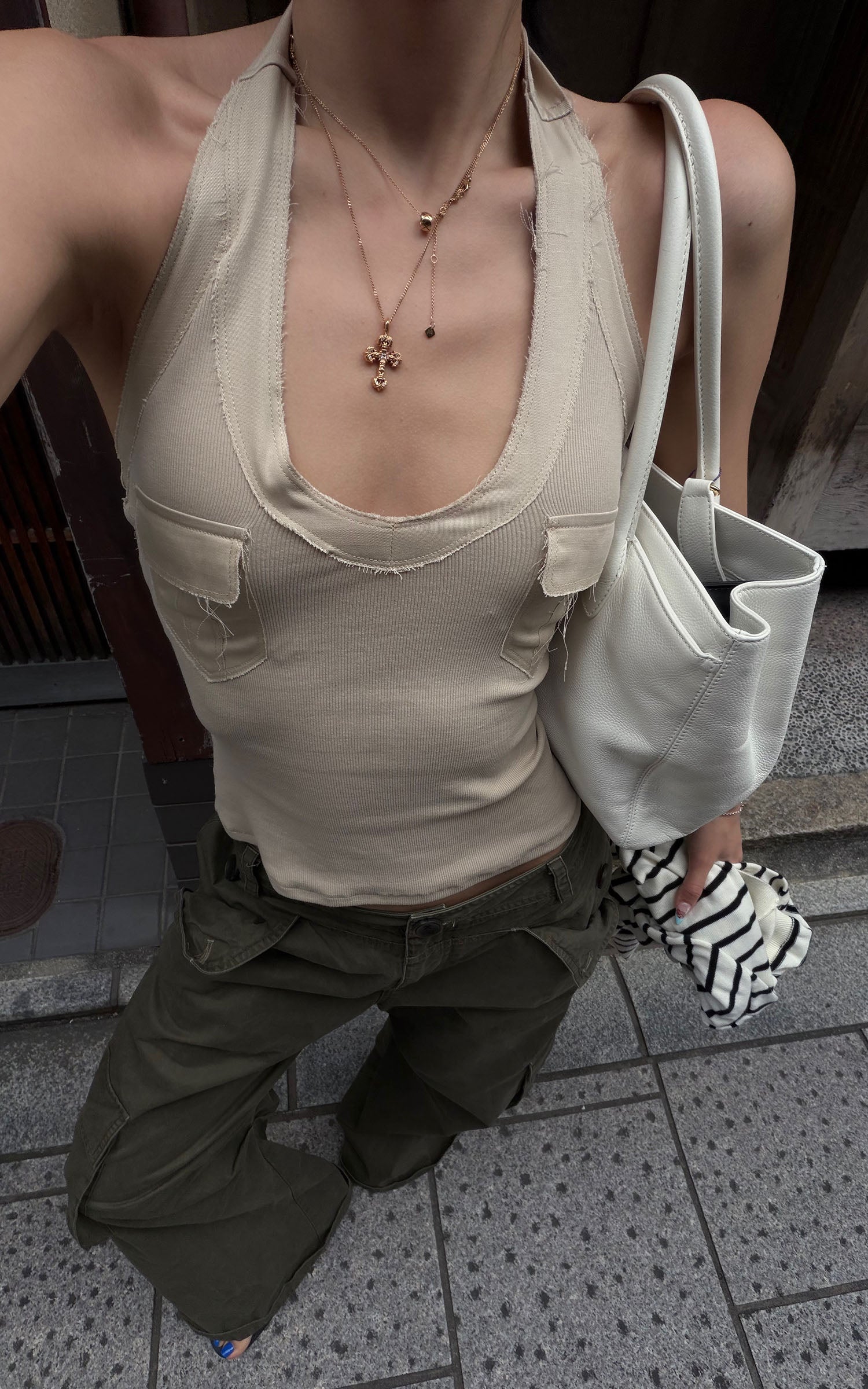 ROVENTE Khaki Halter Tie Ribbed Tank Top
