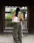ROVENTE Khaki Halter Tie Ribbed Tank Top