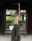 ROVENTE Khaki Halter Tie Ribbed Tank Top