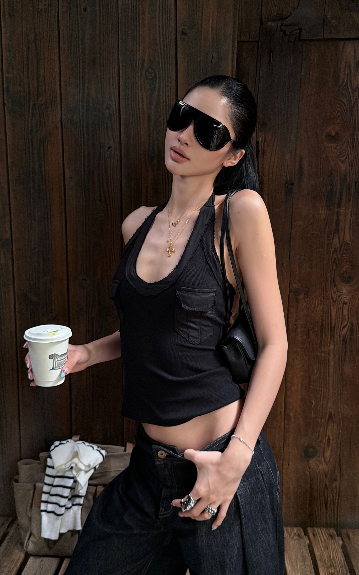 ROVENTE Khaki Halter Tie Ribbed Tank Top