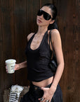 ROVENTE Khaki Halter Tie Ribbed Tank Top