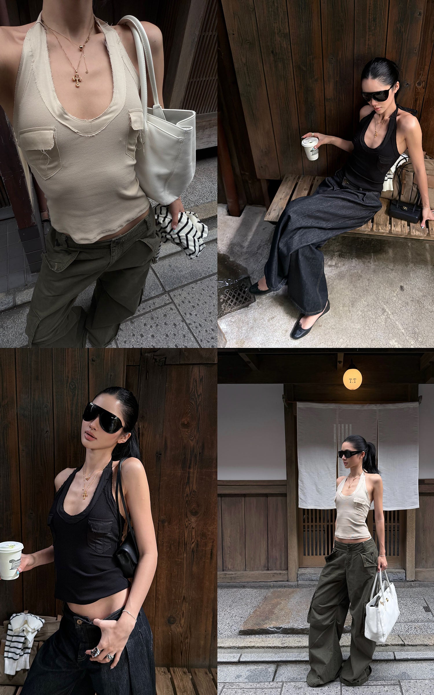 ROVENTE Khaki Halter Tie Ribbed Tank Top