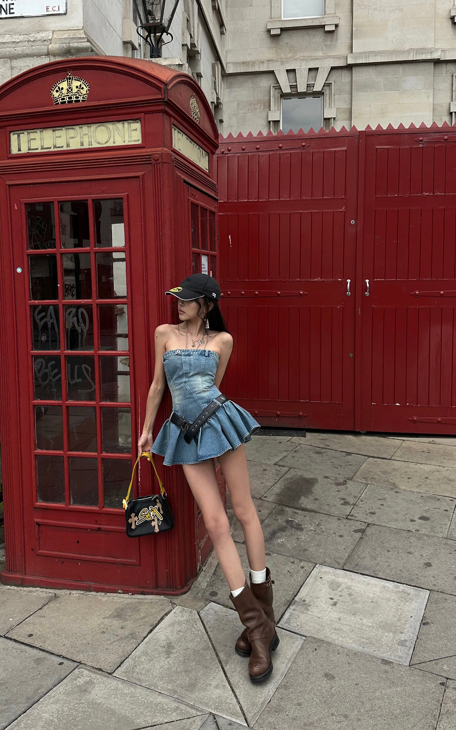 WARDEN EDGE Denim Corset Mini Dress with Flared Hem