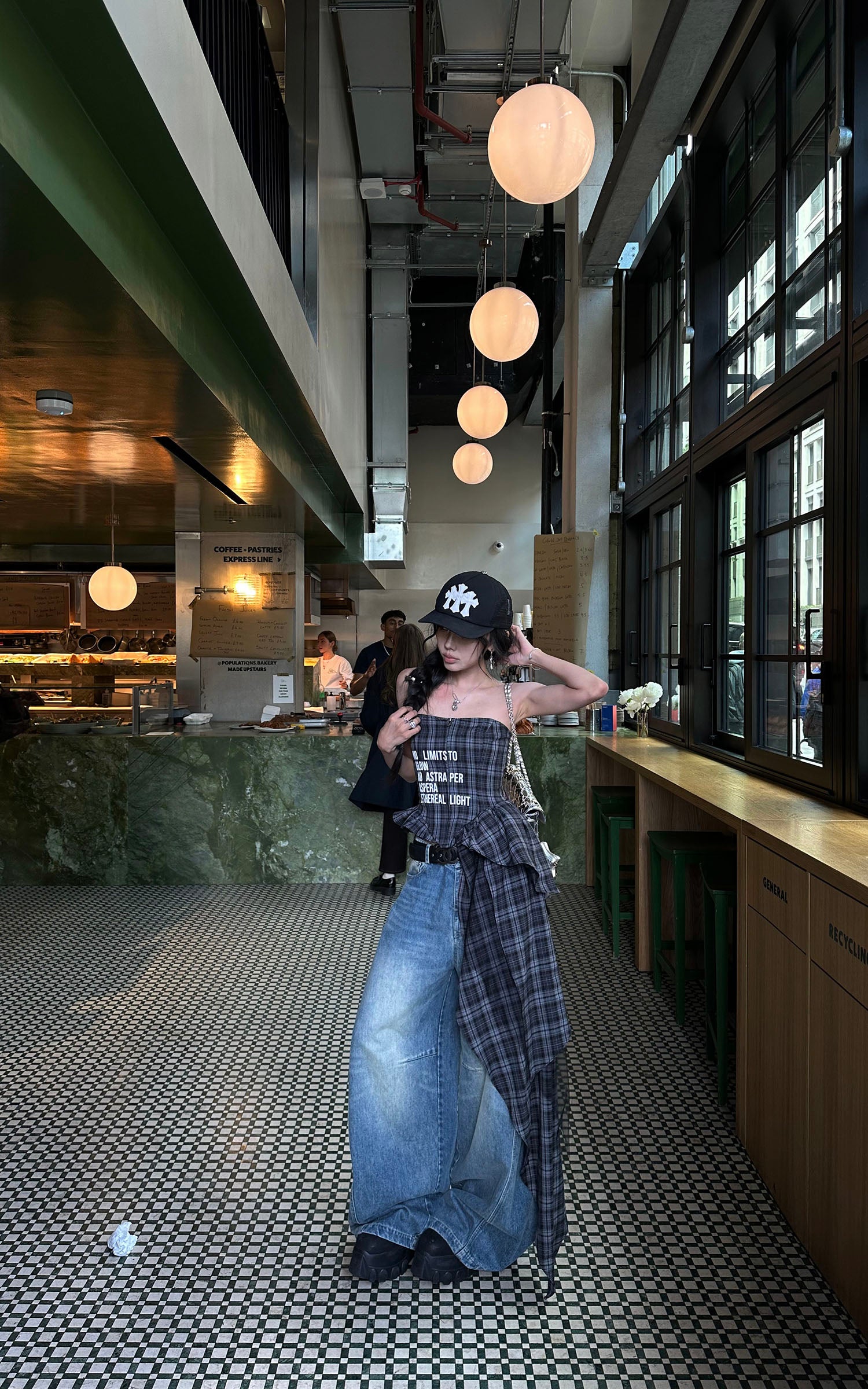WARDEN EDGE Plaid Graphic Asymmetrical Draped Corset Top