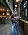 WARDEN EDGE Plaid Graphic Asymmetrical Draped Corset Top