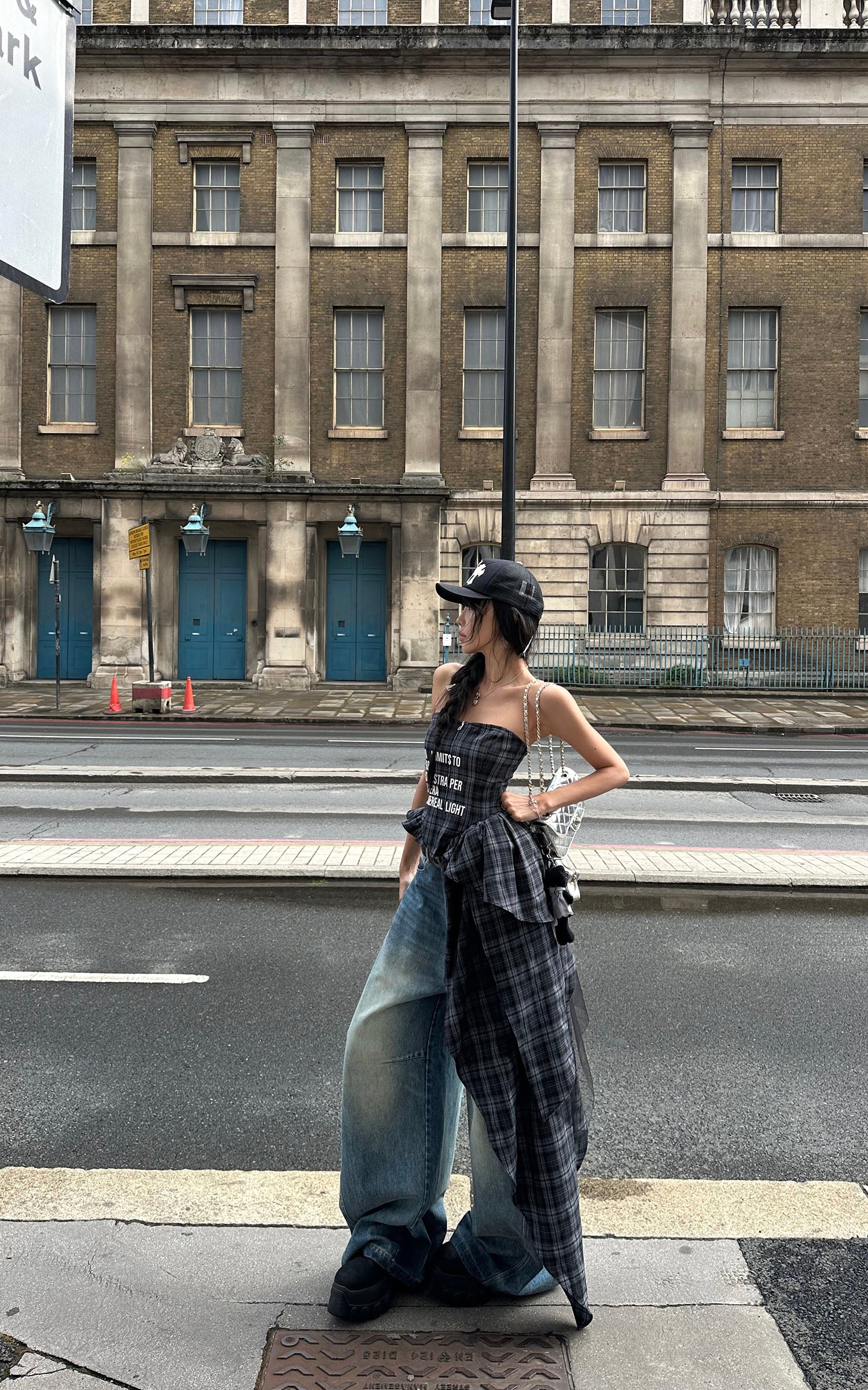 WARDEN EDGE Plaid Graphic Asymmetrical Draped Corset Top