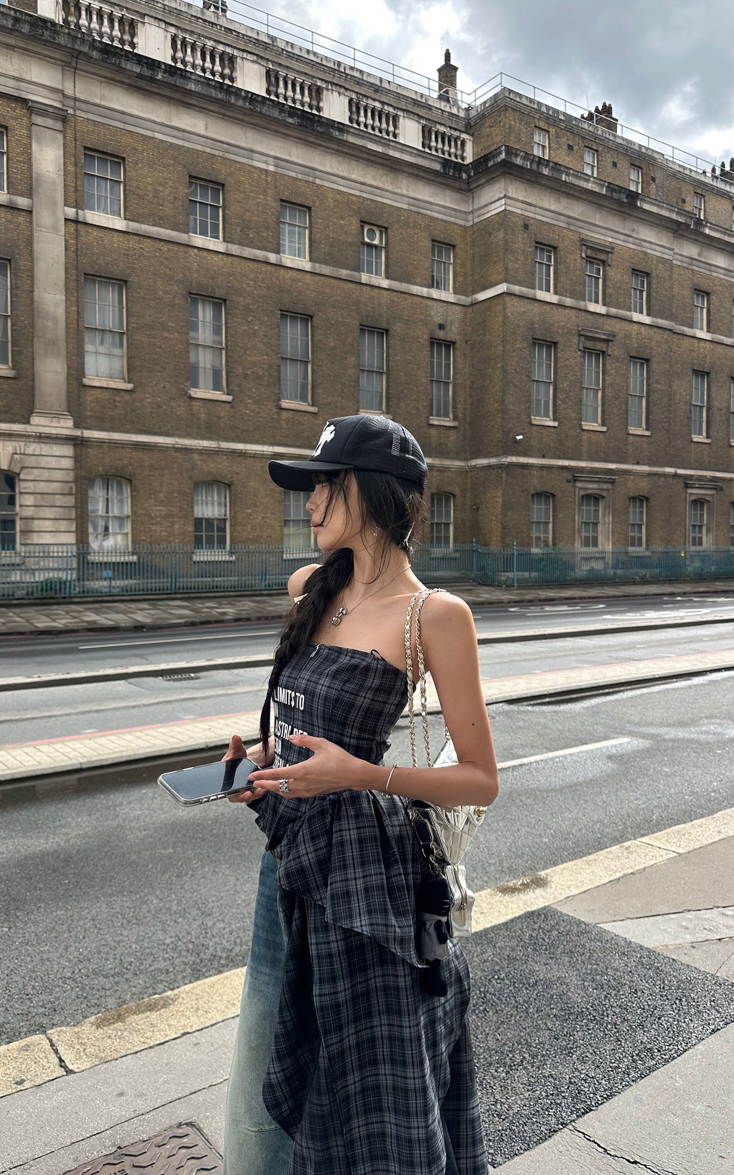 WARDEN EDGE Plaid Graphic Asymmetrical Draped Corset Top