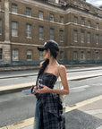 WARDEN EDGE Plaid Graphic Asymmetrical Draped Corset Top