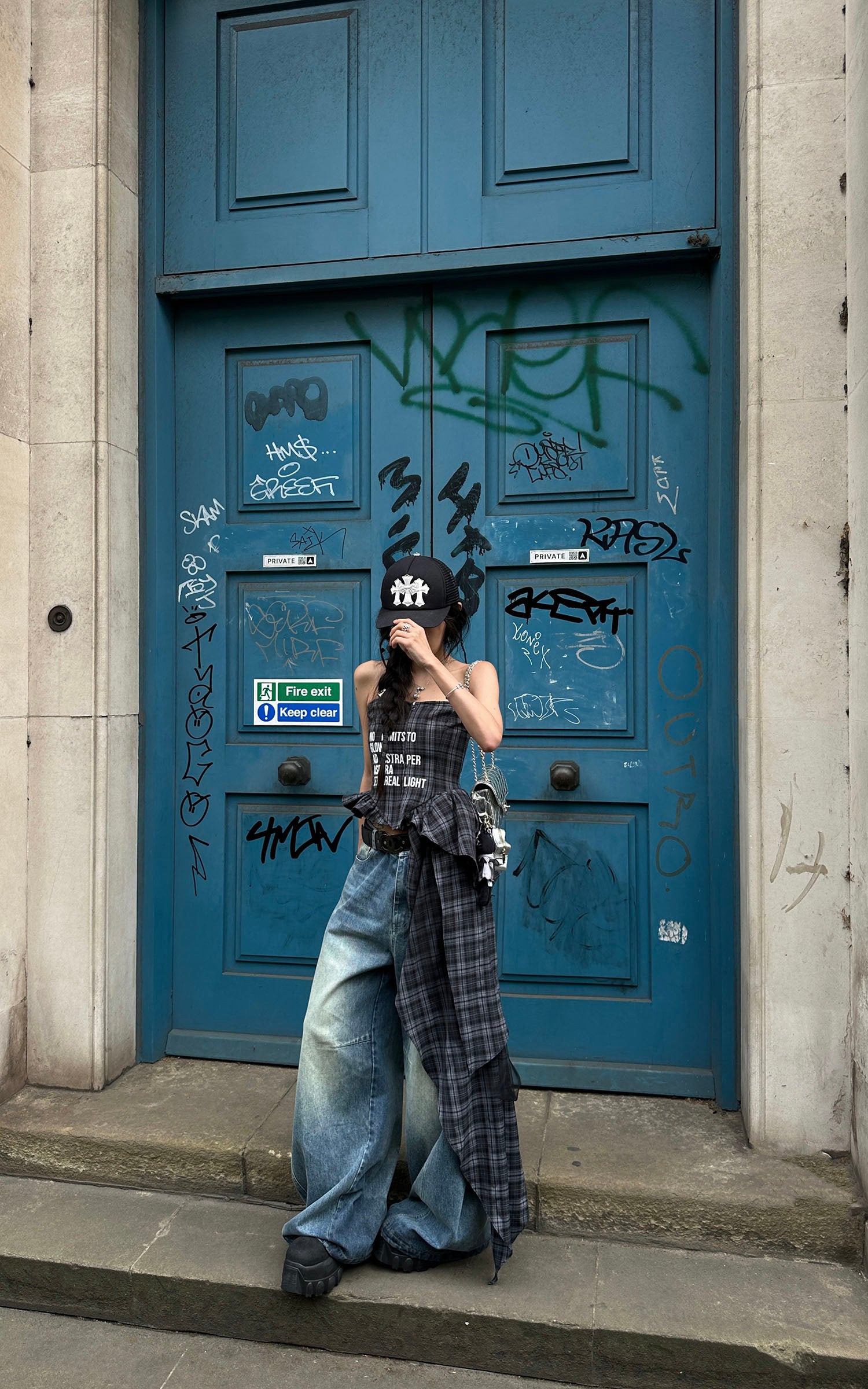 WARDEN EDGE Plaid Graphic Asymmetrical Draped Corset Top
