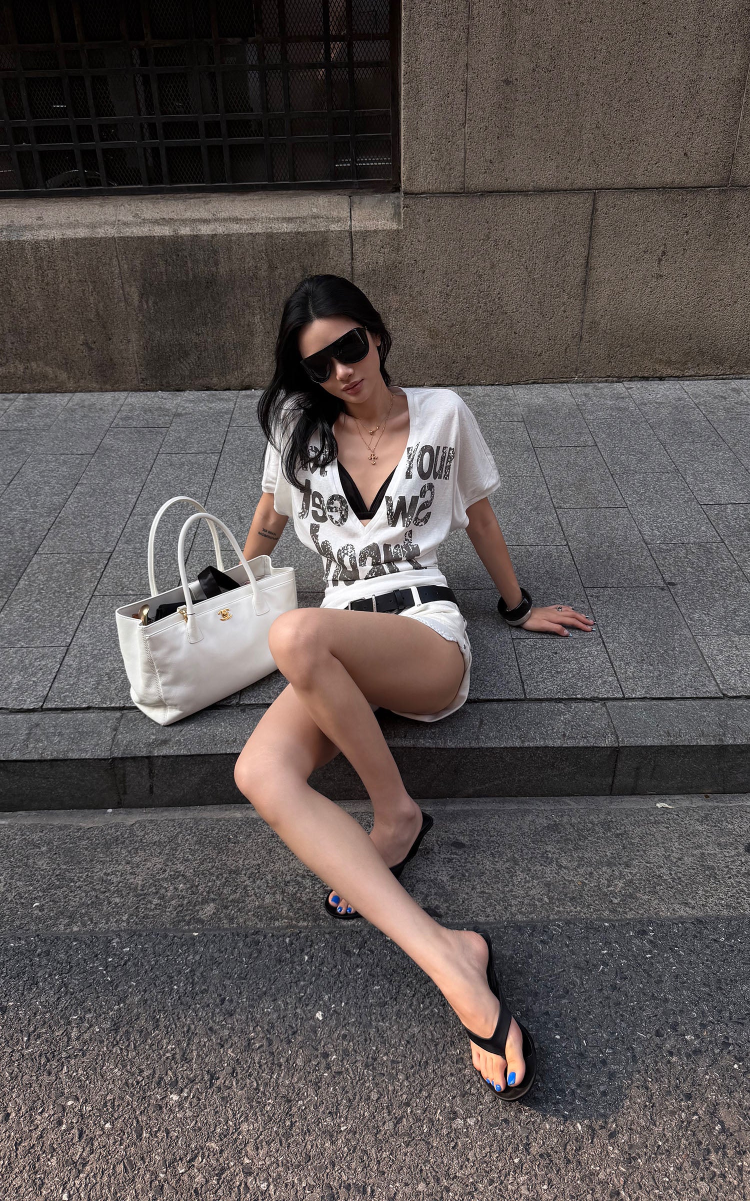 ROVENTE Layered Lace Bralette and Deep V Draped Graphic Tee Two-Piece Set