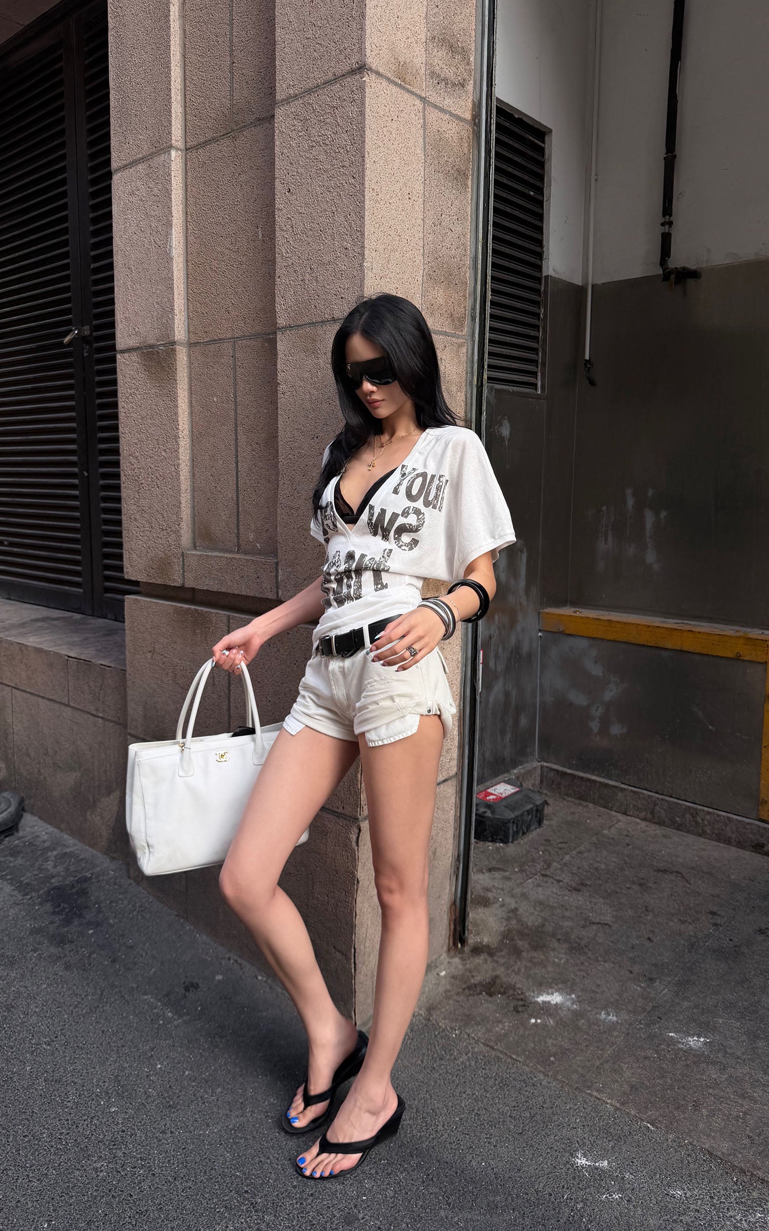 ROVENTE Layered Lace Bralette and Deep V Draped Graphic Tee Two-Piece Set
