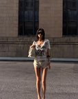 ROVENTE Layered Lace Bralette and Deep V Draped Graphic Tee Two-Piece Set