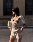 ROVENTE Layered Lace Bralette and Deep V Draped Graphic Tee Two-Piece Set