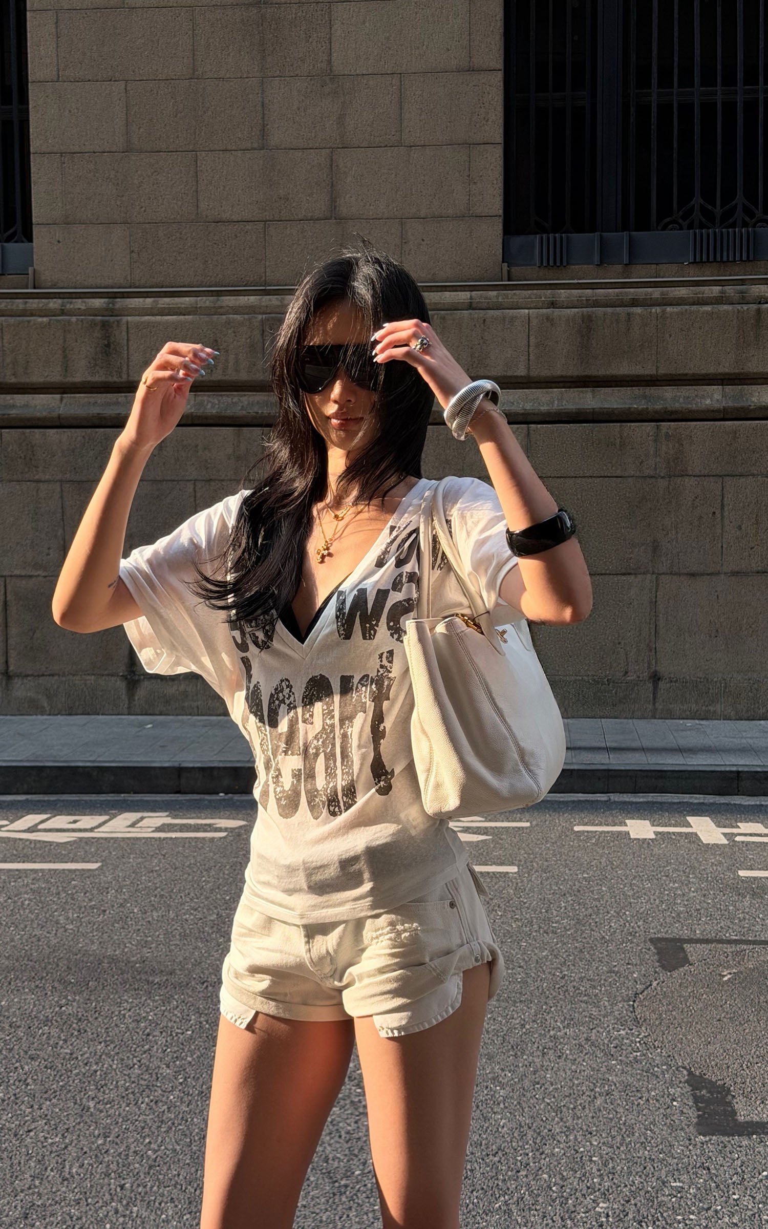 ROVENTE Layered Lace Bralette and Deep V Draped Graphic Tee Two-Piece Set