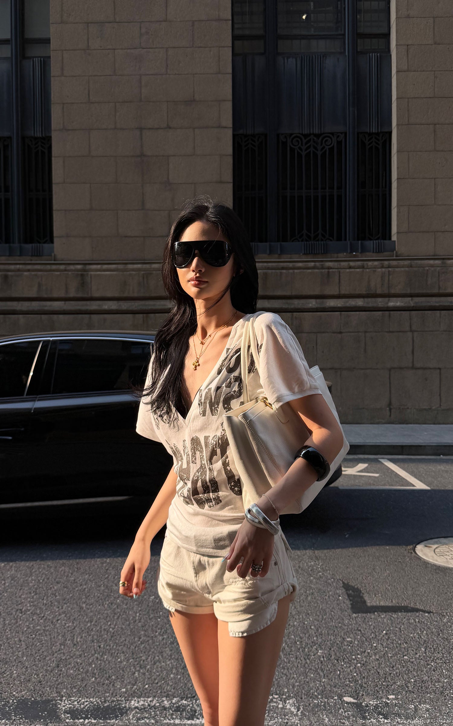 ROVENTE Layered Lace Bralette and Deep V Draped Graphic Tee Two-Piece Set