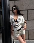 ROVENTE Layered Lace Bralette and Deep V Draped Graphic Tee Two-Piece Set