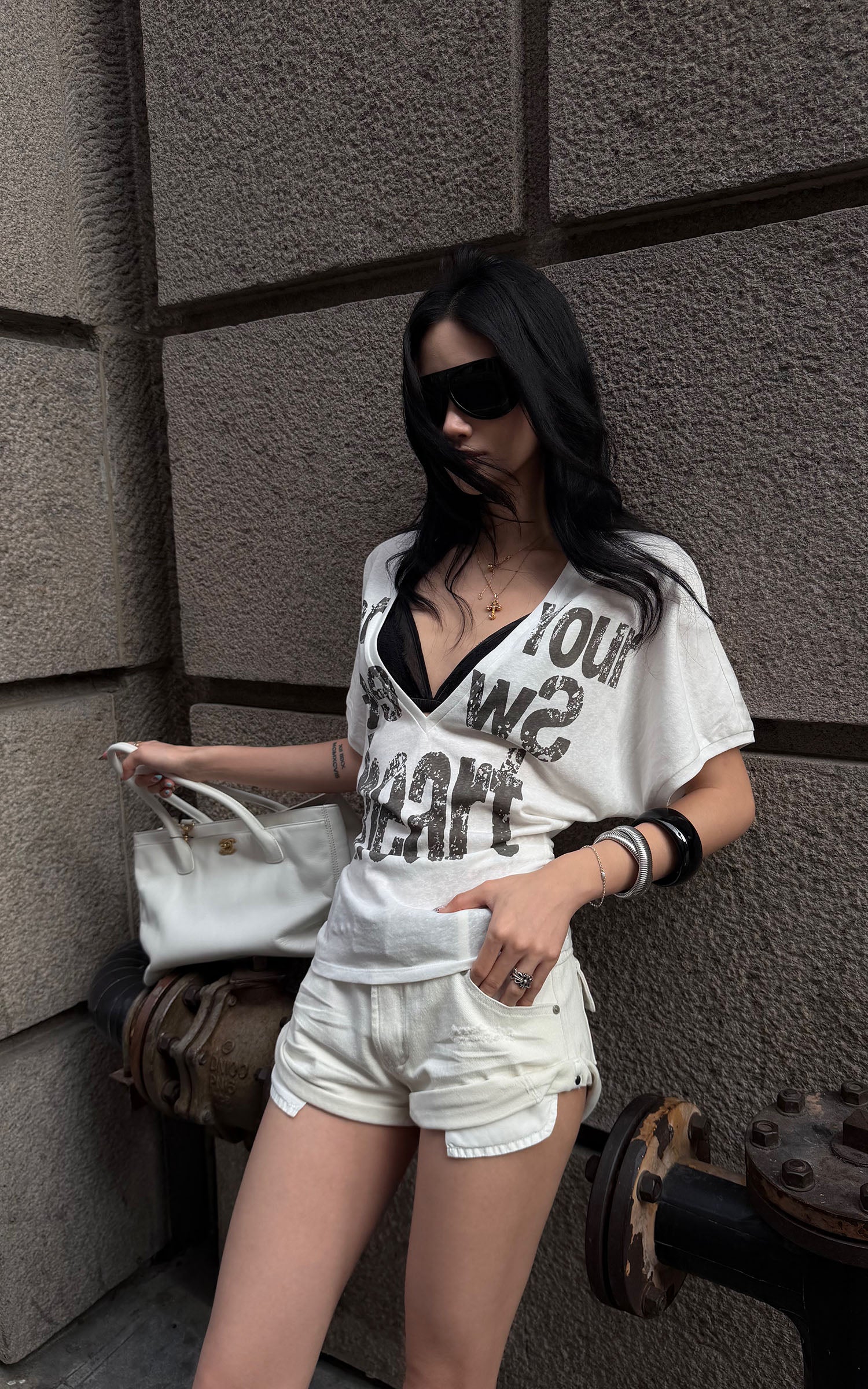ROVENTE Layered Lace Bralette and Deep V Draped Graphic Tee Two-Piece Set