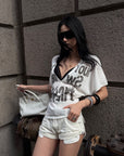 ROVENTE Layered Lace Bralette and Deep V Draped Graphic Tee Two-Piece Set