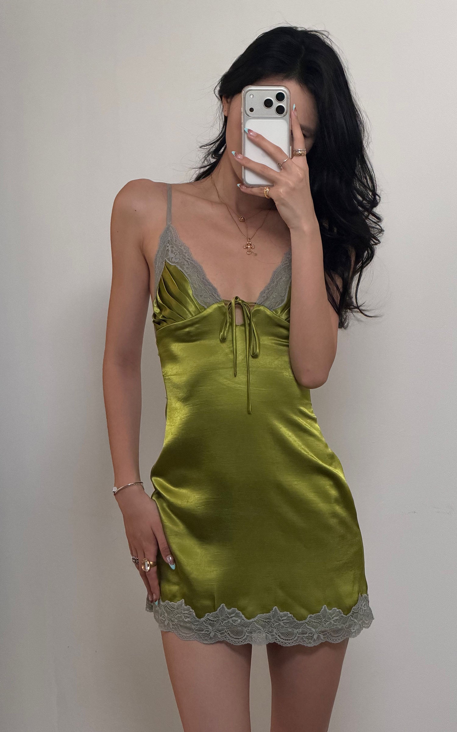 ROVENTE Lace Trim Satin Mini Dress