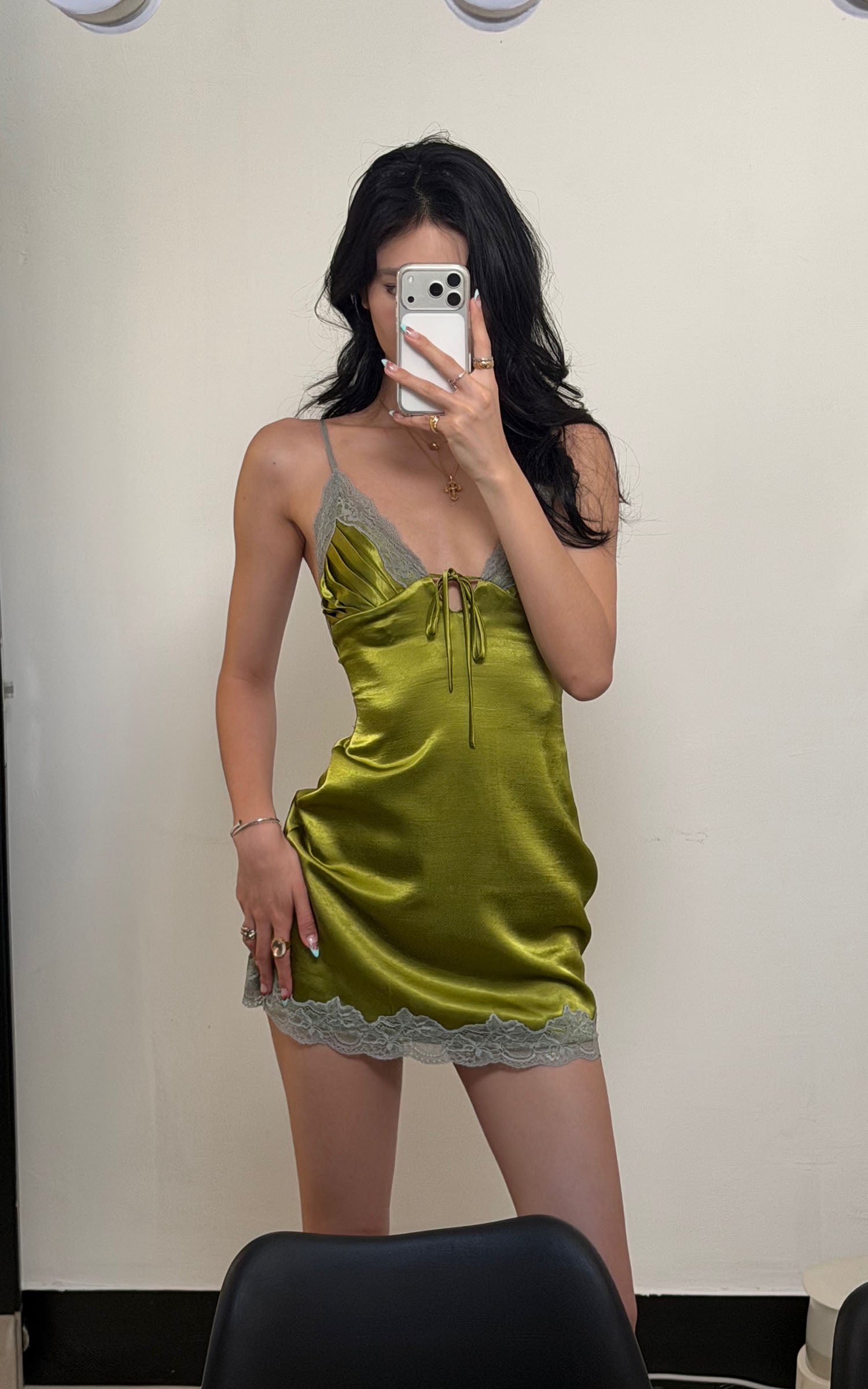 ROVENTE Lace Trim Satin Mini Dress