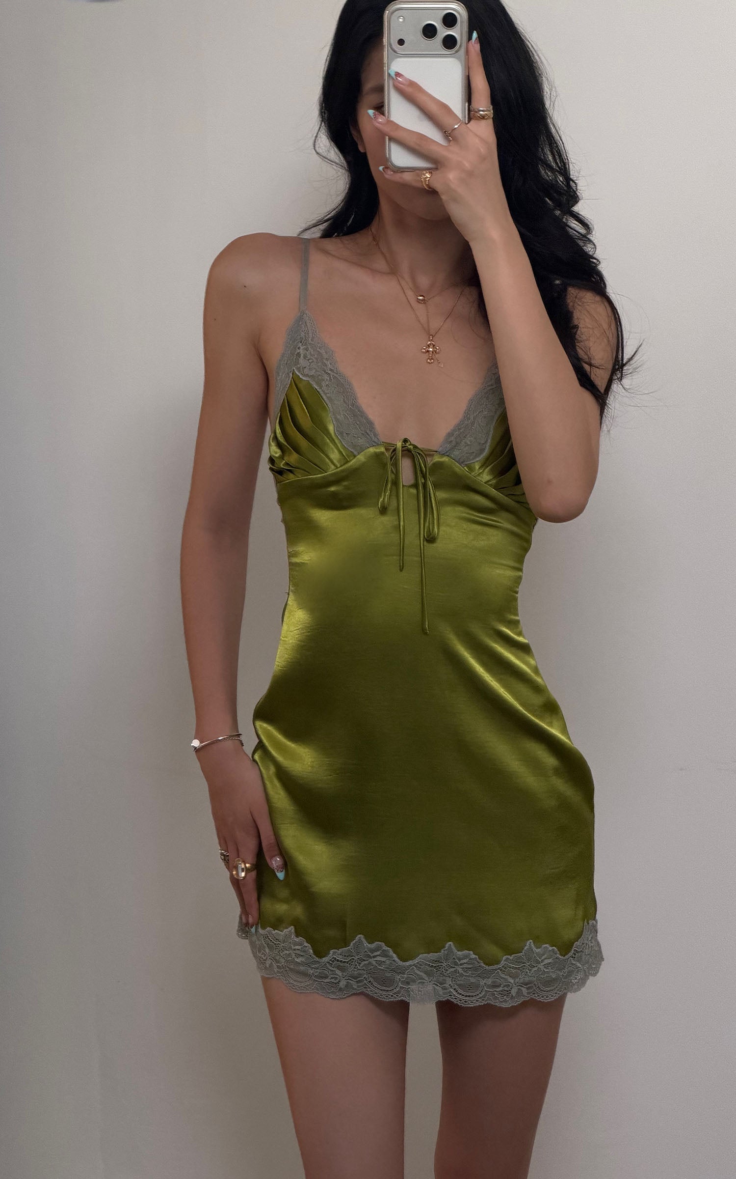 ROVENTE Lace Trim Satin Mini Dress