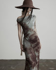 DOINDULGE Off Shoulder Ruched Mesh Maxi Dress