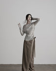 DOINDULGE Two-Piece Off-Shoulder Ruched Long Sleeve Top
