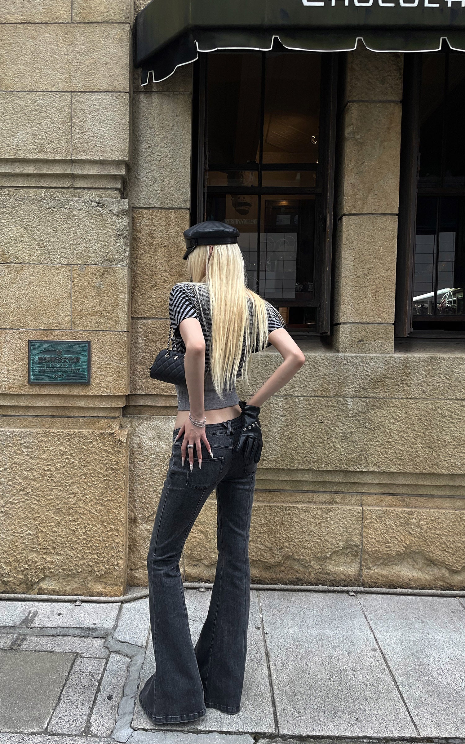 Rase le sol Dark Washed Flare Denim Pants with Slim Fit and Extended Bell Bottom Silhouette
