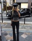 Rase le sol Dark Washed Flare Denim Pants with Slim Fit and Extended Bell Bottom Silhouette