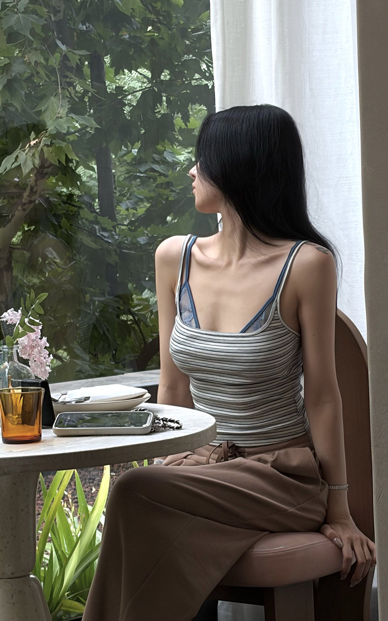 Hydrae Striped Lace-Trim Square Neck Cami Top