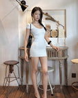 Hydrae Sculpt Ribbed Square Neck Bodycon Mini Dress Short Sleeve Fit Slim Going-Out Dress