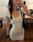 Hydrae Sculpt Ribbed Square Neck Bodycon Mini Dress Short Sleeve Fit Slim Going-Out Dress