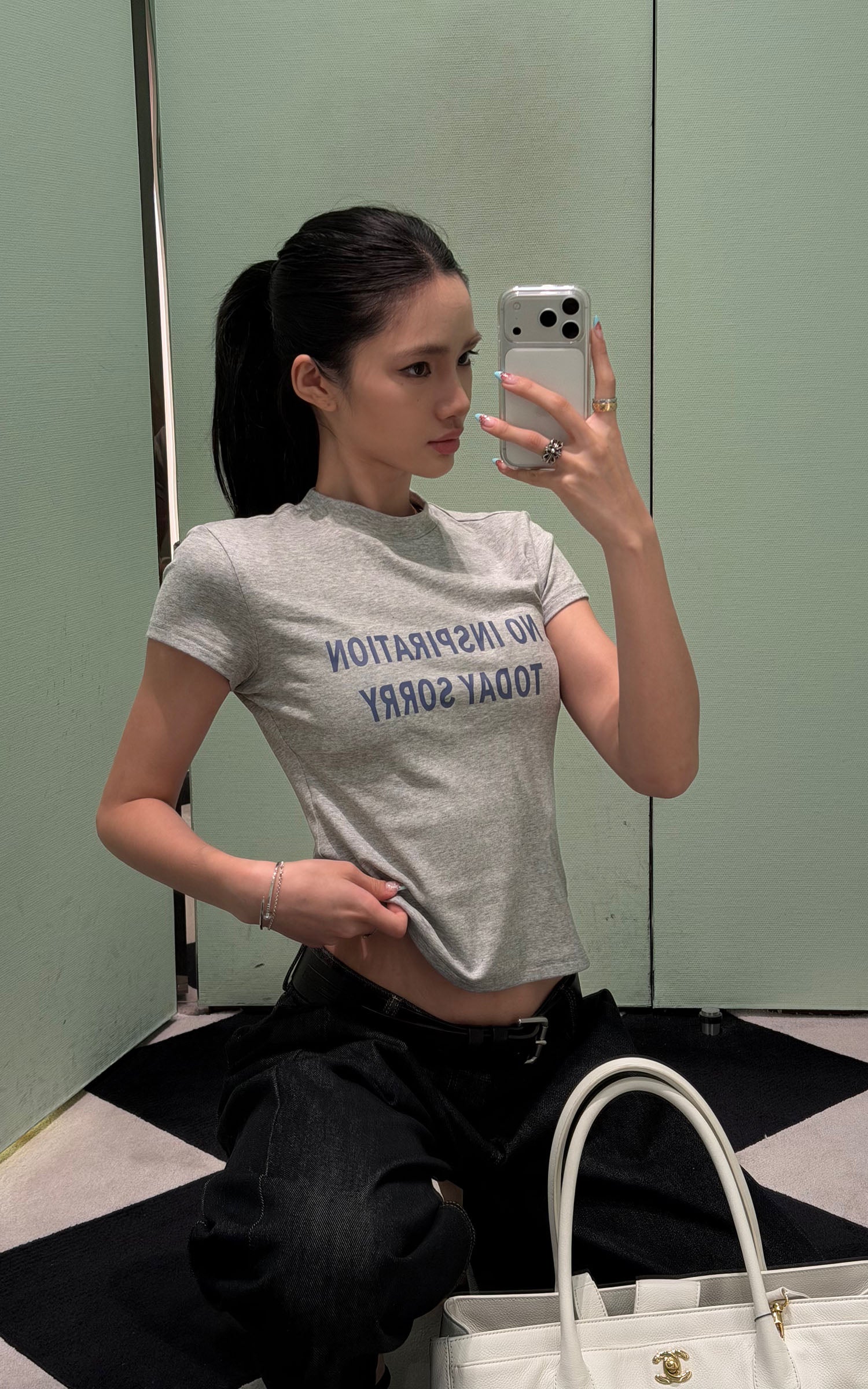 ROVENTE Vintage Grey Fitted Baby Tee with Statement Graphic