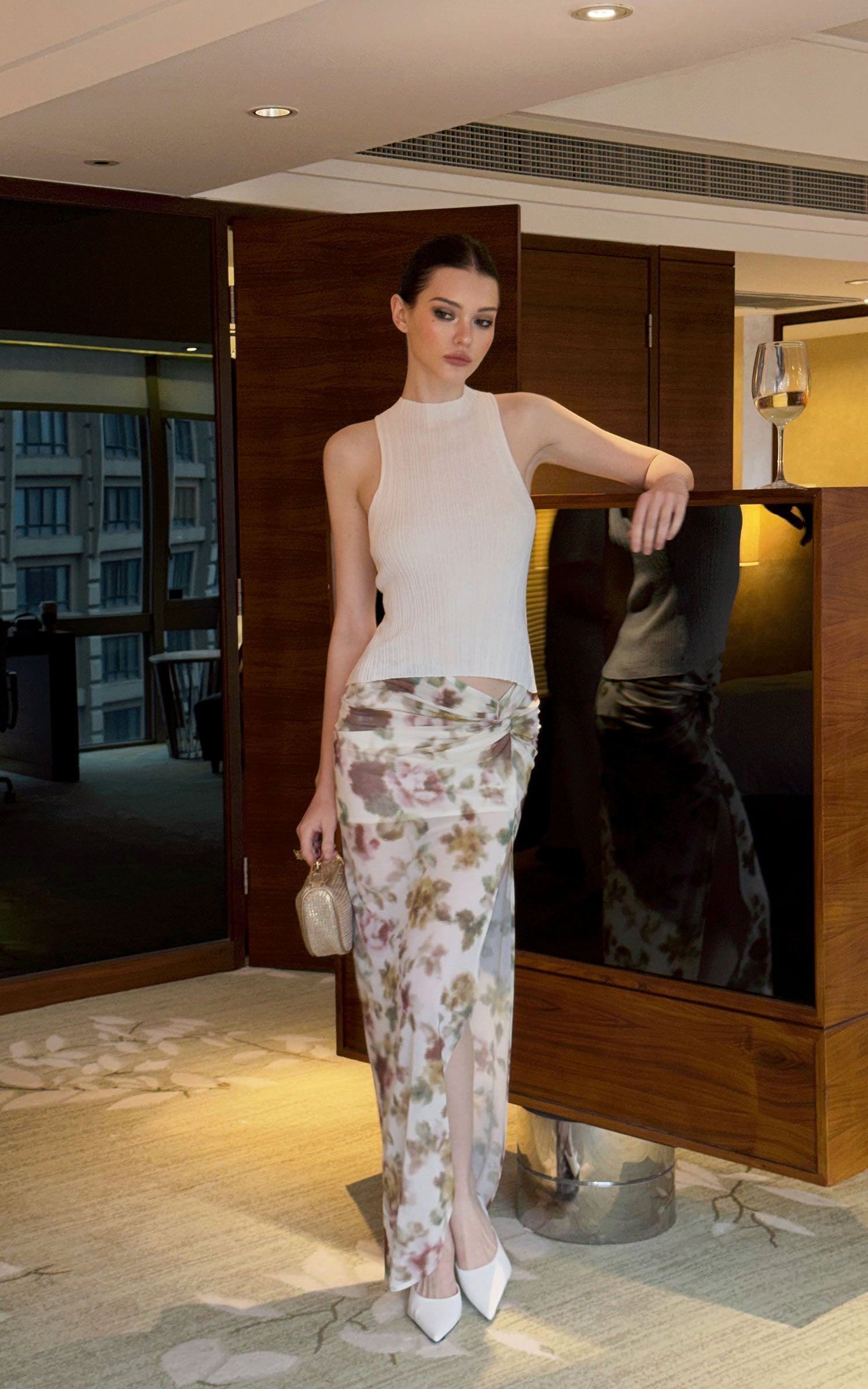 0122stepll Floral Twist Mesh Maxi Skirt