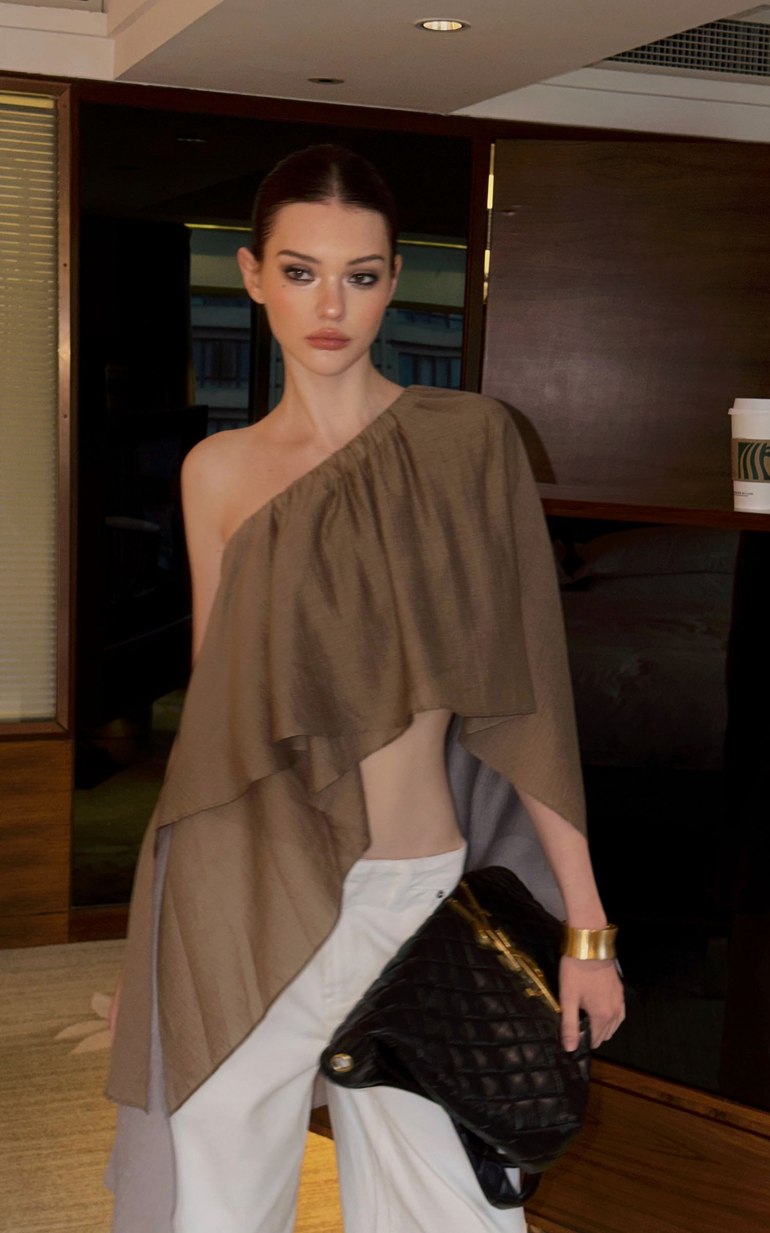 0122stepll Asymmetric Draped One-Shoulder Top