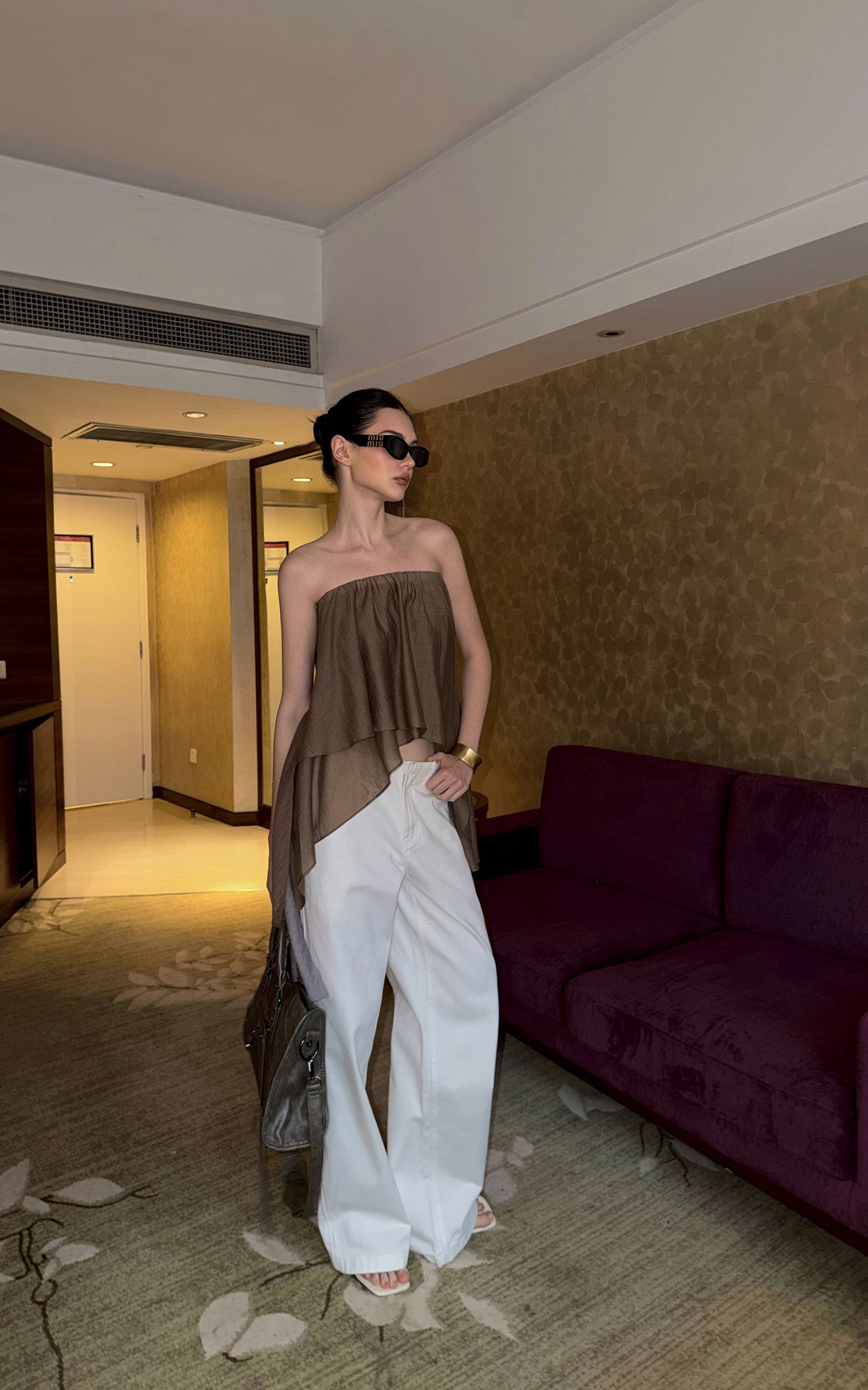 0122stepll Asymmetric Draped One-Shoulder Top