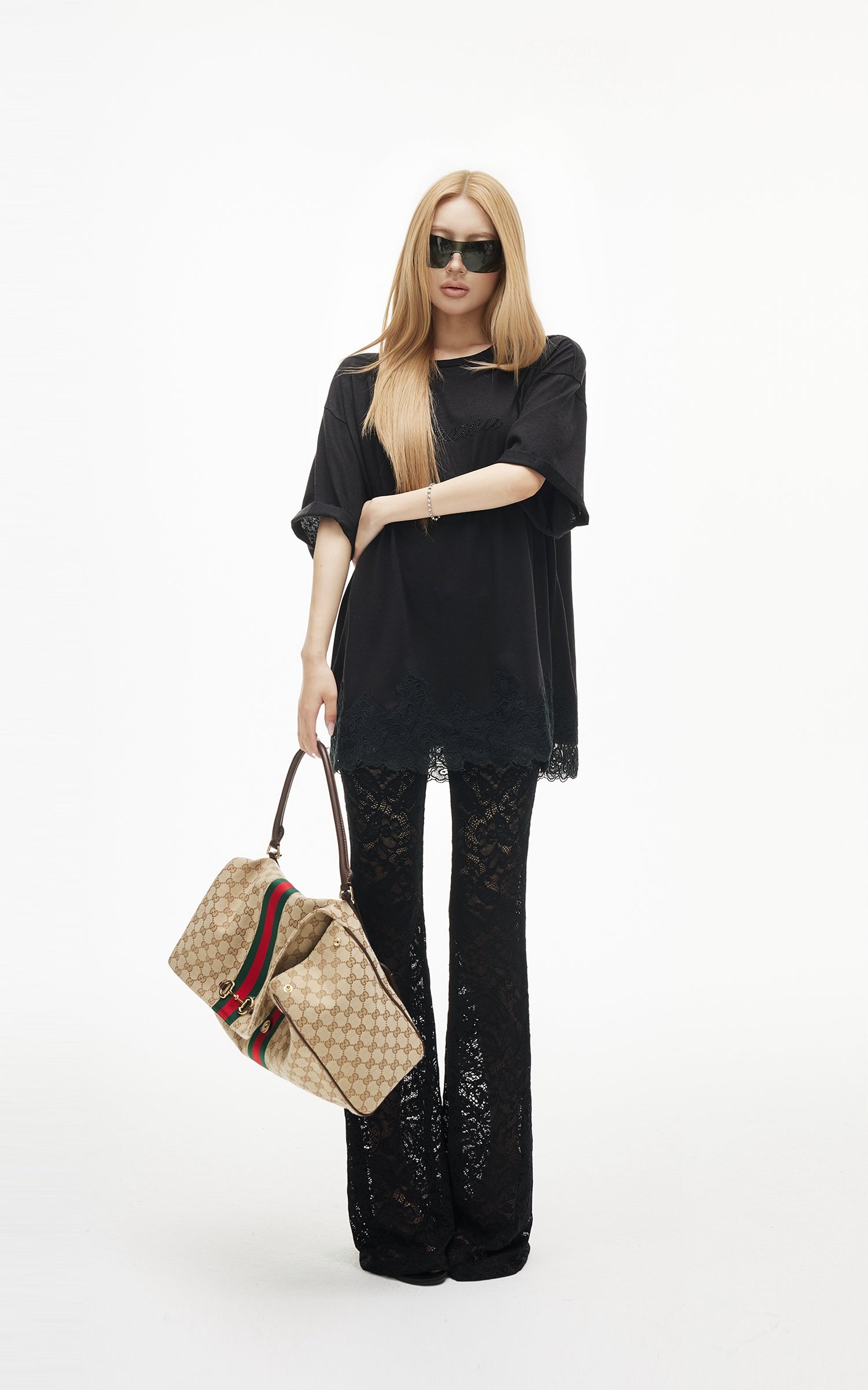 IAMXIAA Sheer Floral Lace Flared Pants with Stretch Lining