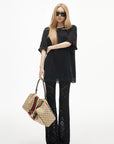 IAMXIAA Sheer Floral Lace Flared Pants with Stretch Lining