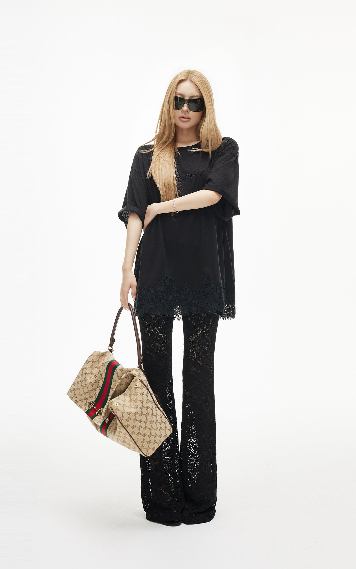 IAMXIAA Rhinestone Logo Lace Hem Oversized T-Shirt