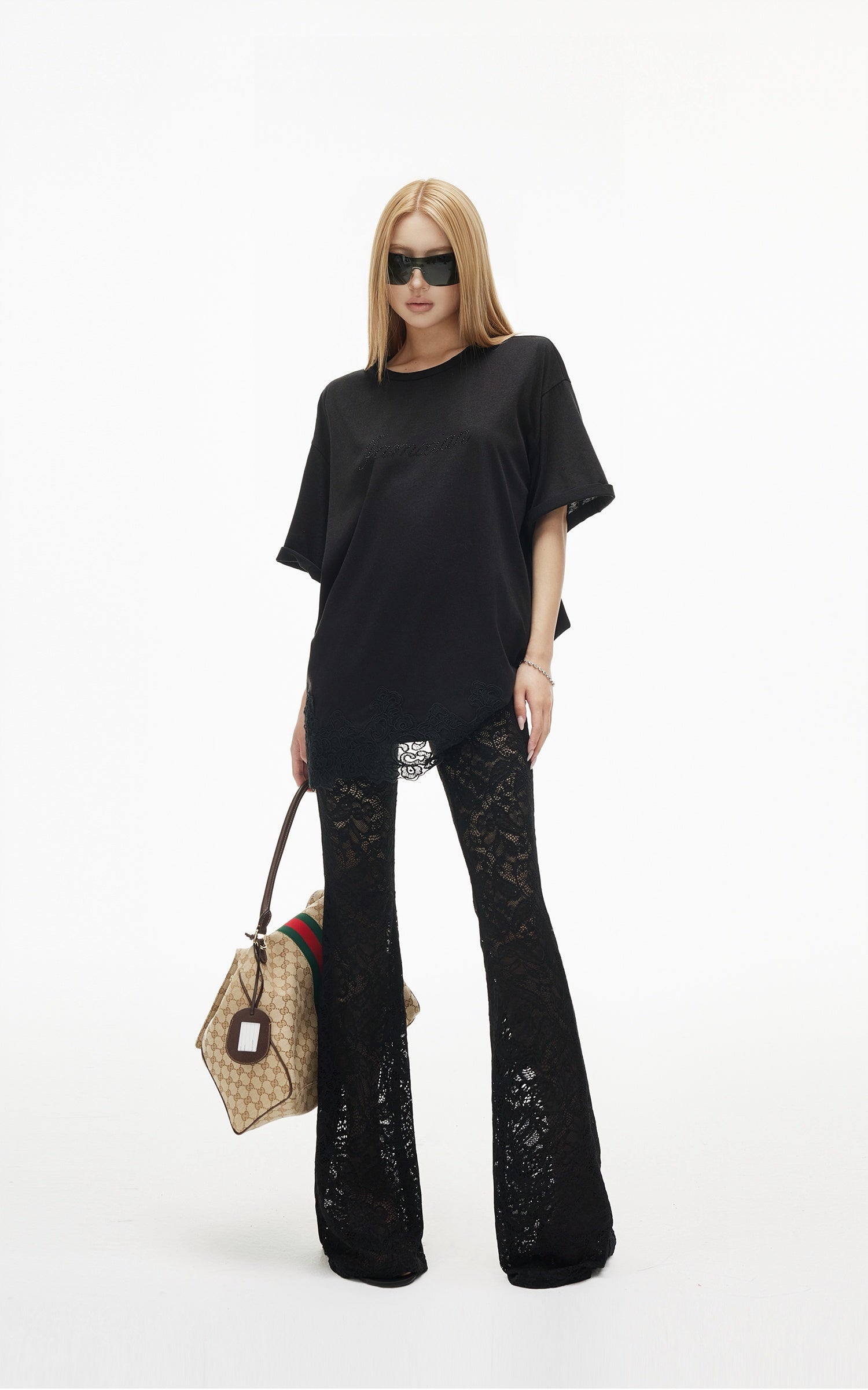 IAMXIAA Rhinestone Logo Lace Hem Oversized T-Shirt