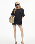 IAMXIAA Rhinestone Logo Lace Hem Oversized T-Shirt