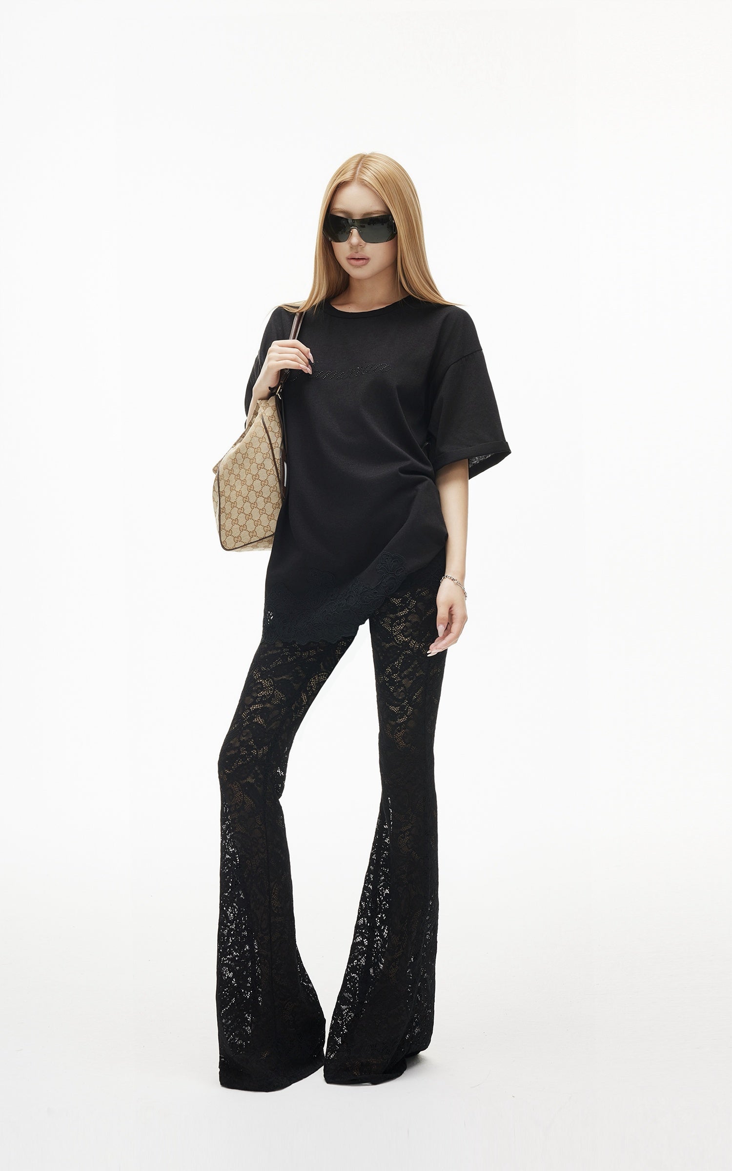 IAMXIAA Sheer Floral Lace Flared Pants with Stretch Lining