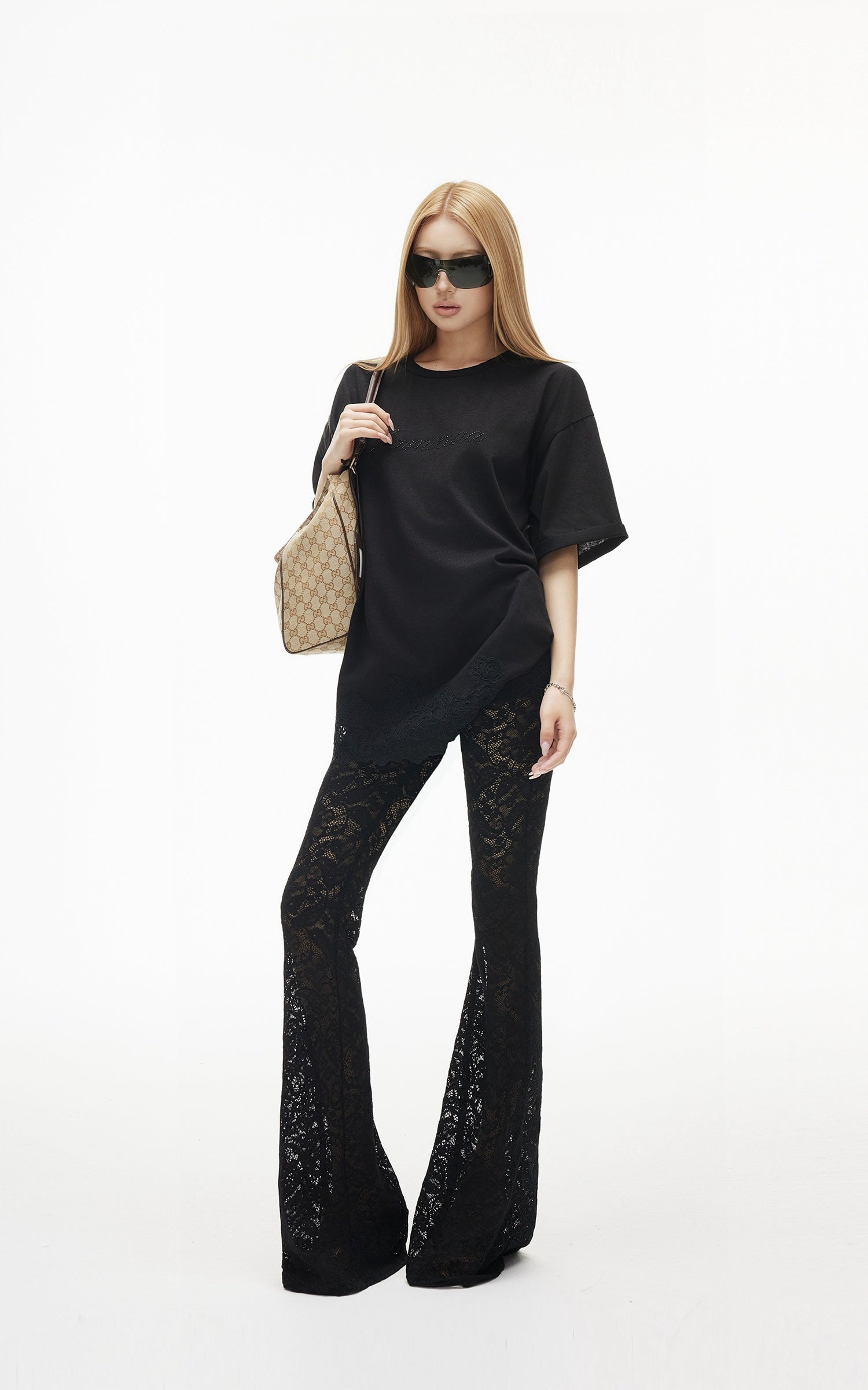 IAMXIAA Rhinestone Logo Lace Hem Oversized T-Shirt