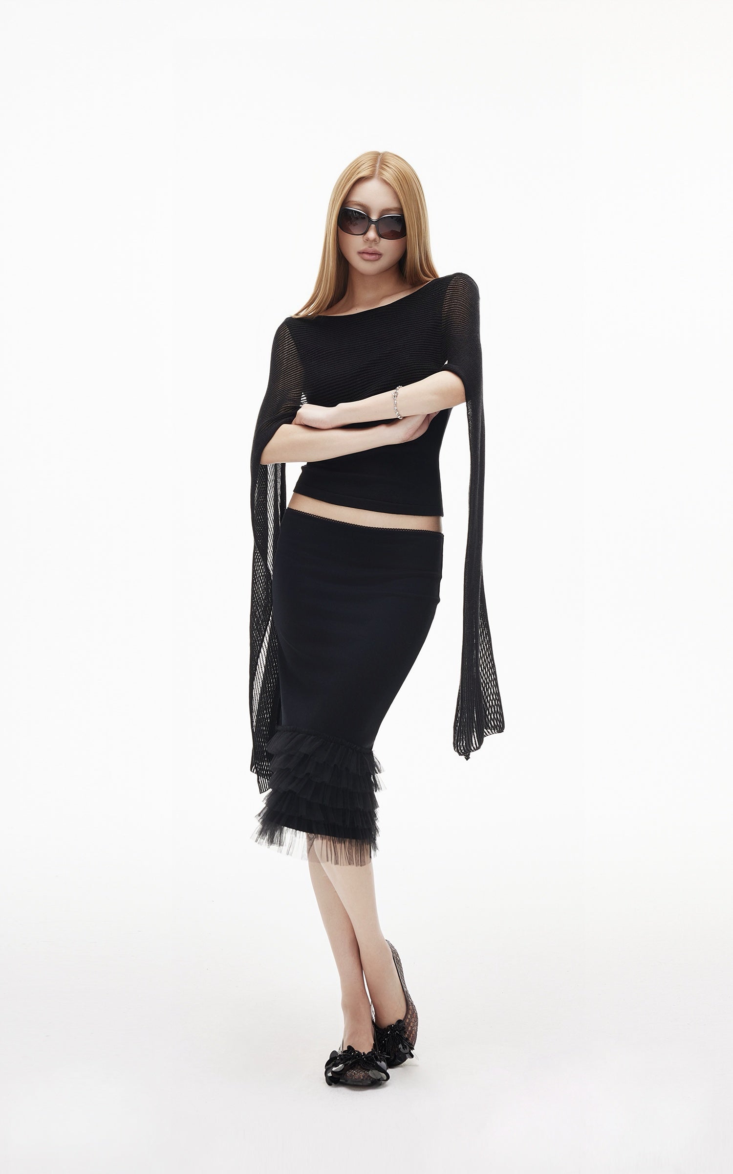IAMXIAA Sheer Ribbed Knit Cape Sleeve Open Back Cropped Top