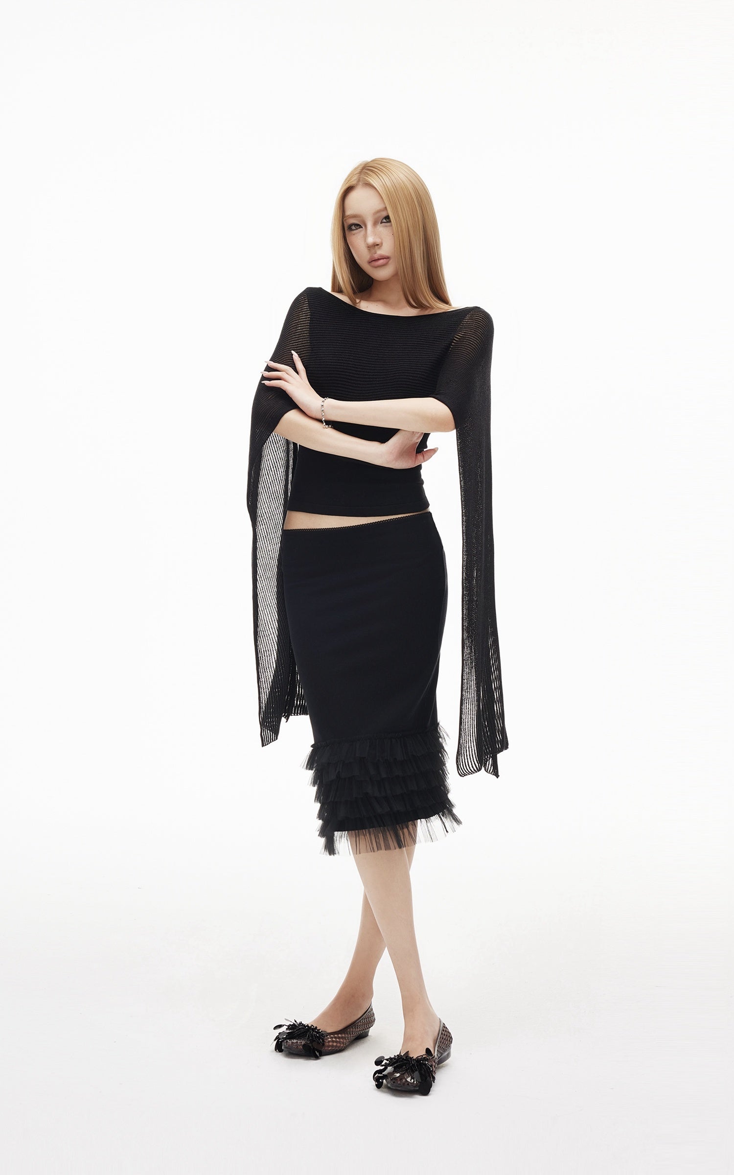IAMXIAA Sheer Ribbed Knit Cape Sleeve Open Back Cropped Top