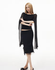 IAMXIAA Sheer Ribbed Knit Cape Sleeve Open Back Cropped Top