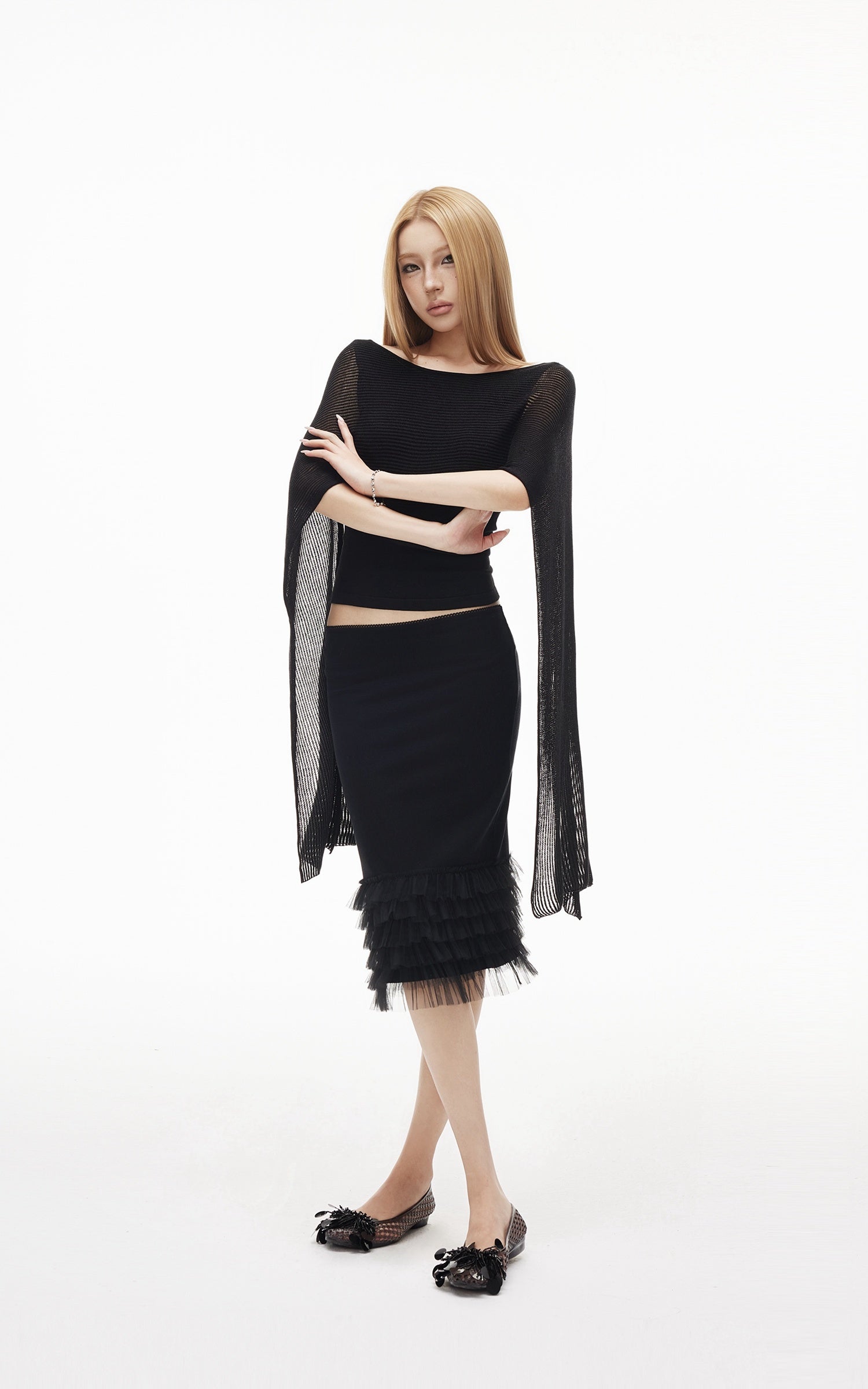 IAMXIAA Layered Tulle Ruffle Hem Low Rise Bodycon Midi Skirt