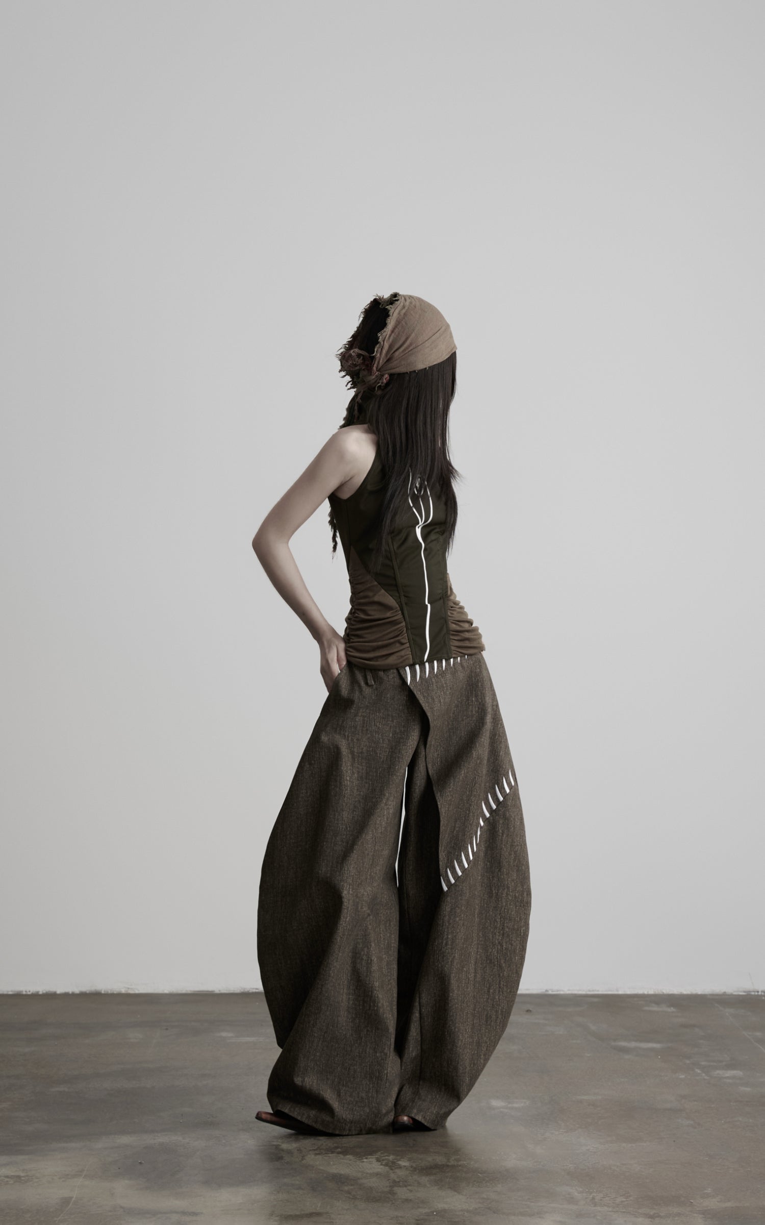 DOINDULGE Asymmetric Overlay Embroidered Wide Leg Pants